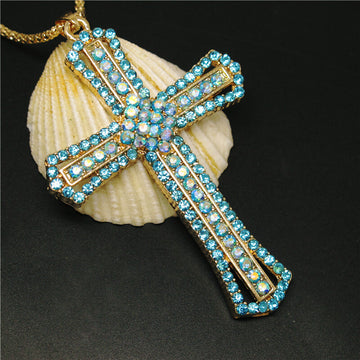 Women’s Blue Crystal Cross Pendant Necklace
