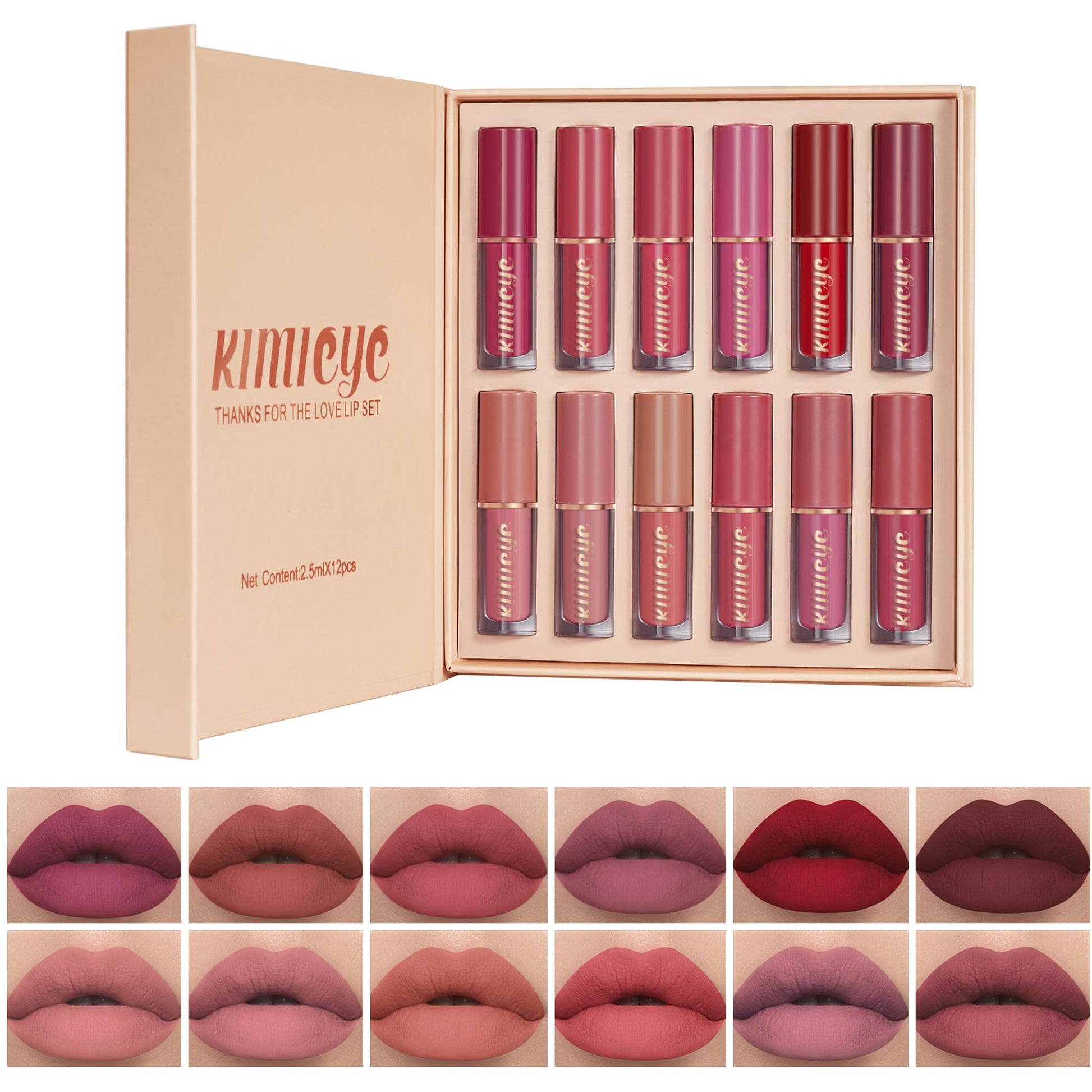 12Pcs Velvet Matte Liquid Lipstick Set, Waterproof Long Lasting Quick-drying Non-Stick Cup Nude Lip Stain Kit, Up to 24H Wear, Professional Lip Makeup Gift Kit for Women (SET A)