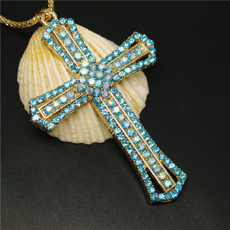 Women’s Blue Crystal Cross Pendant Necklace