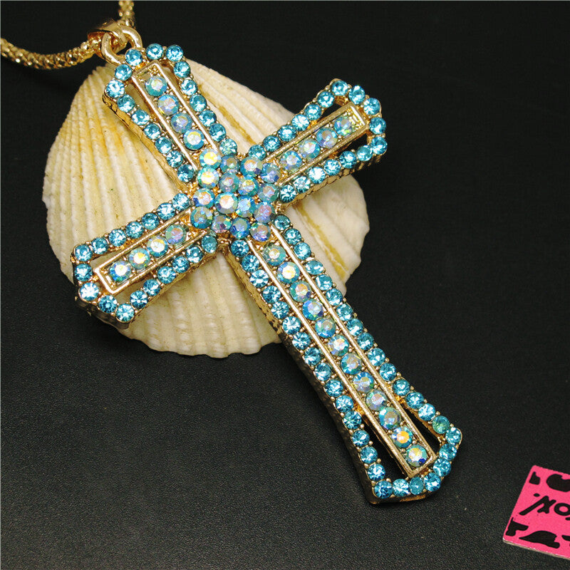 Women’s Blue Crystal Cross Pendant Necklace
